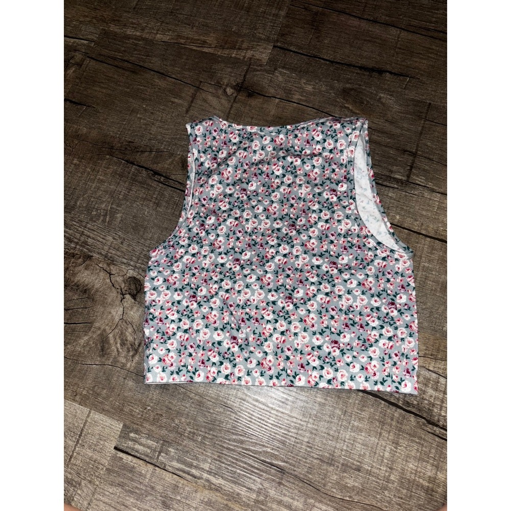 Aeropostale Seriously Soft Seamless Floral Ribbed Crop Top Grey Pink V-Neck M - Picture 3 of 3